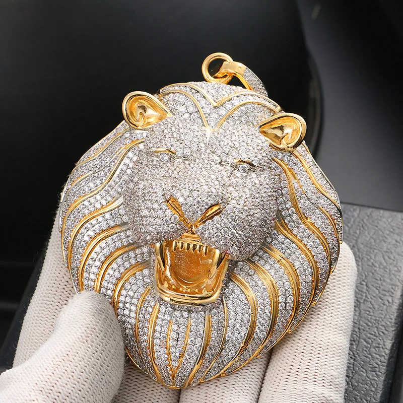 18K Gold Plated Necklace- Lion Head Pendant- Iced Out Lion Head Necklace