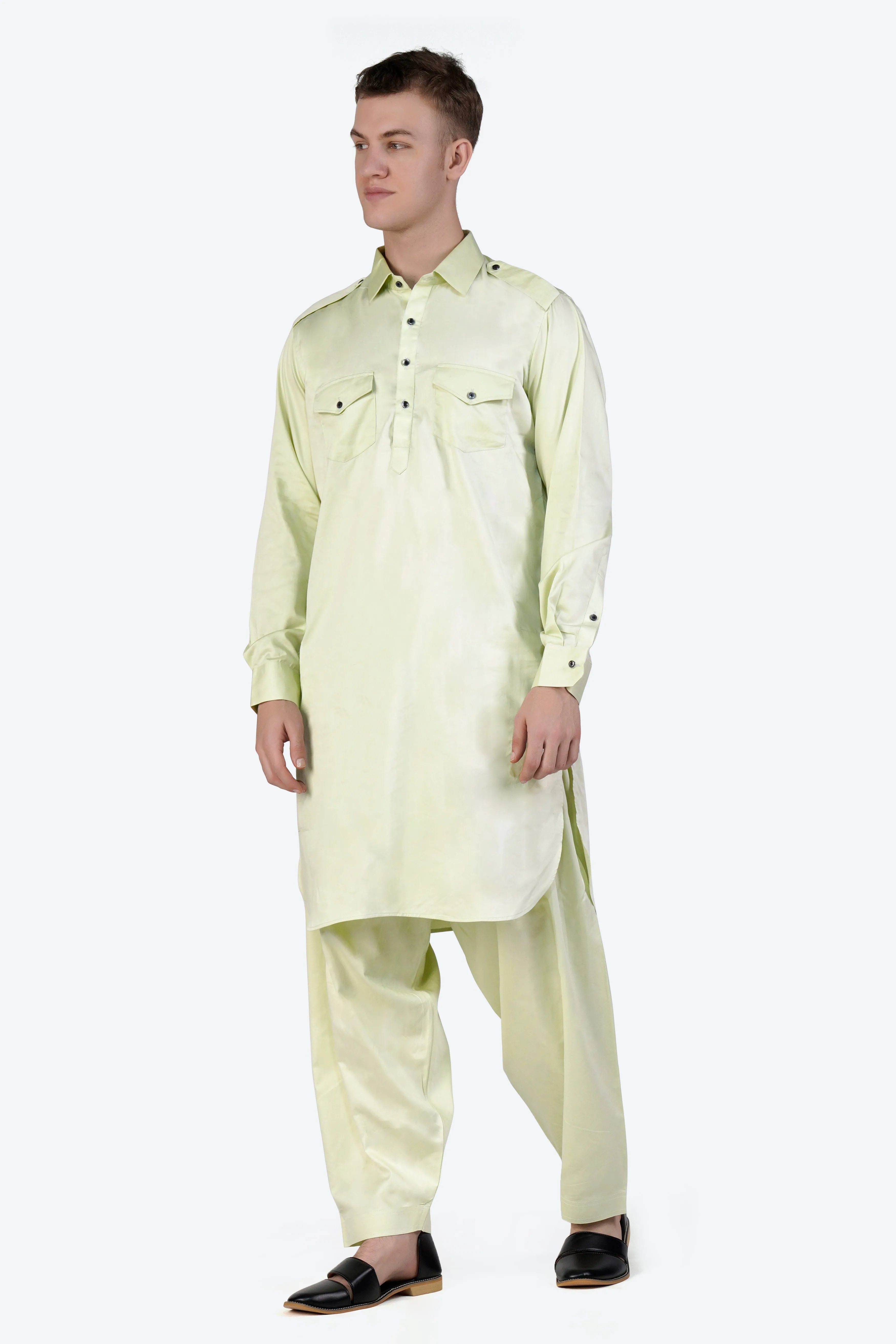 Bone Green Subtle Sheen Super Soft Premium Cotton Pathani Set