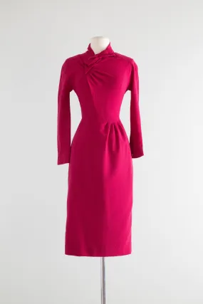 Chic 1970's Nina Ricci Azalea Pink Wool Crepe 1940's Style Dress / XS