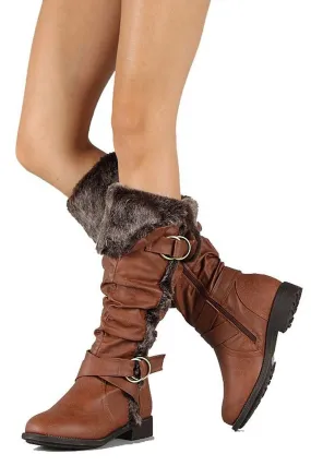 Furry Cuff Vegan Leather Knee High Slouch Rider Boots