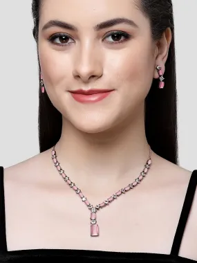 Karatcart Black Silver Plated Square Pink Cubic Zirconia Necklace Set for Women