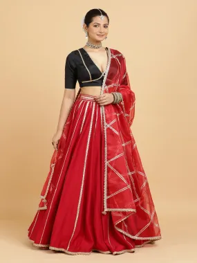 Madhuri Zeenat 3-Piece Lehenga Set | Red Lehenga, Charcoal Black Blouse | With Leela Red Dupatta