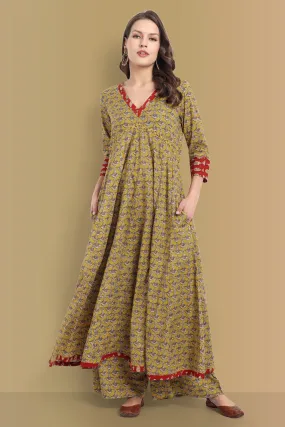 Mustard Ajrak Bahaar Kalidaar Kurta with Lower