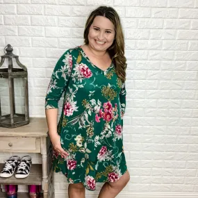 "Isabelle"  Floral Tunic/Dress 3/4 Sleeve with Pockets (Green)